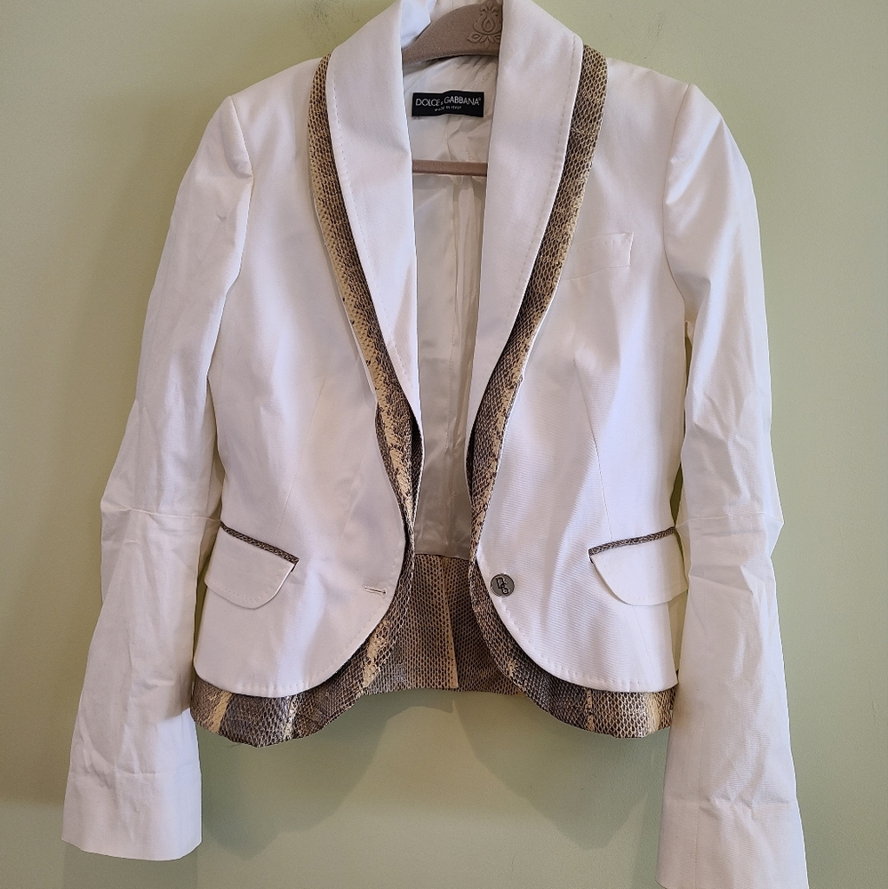 Dolce & Gabbana White Cotton Blazer with Python Trim
